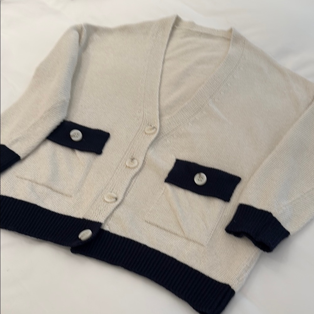 Classic Cream and Navy Cardigan Sweater